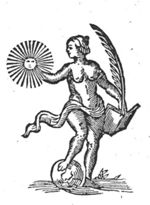 A naked woman holding the sun in one hand, an open book and palm-branch in the other, a globe under her foot, personifying Truth