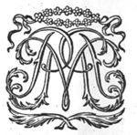 Decorated monogram "P.M." floral interlace, wreath of flowers with ribbons, palm-branches