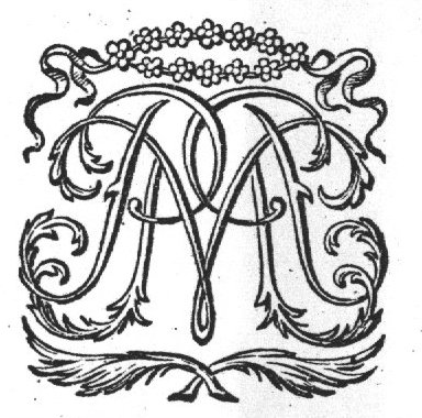 Decorated monogram "P.M." floral interlace, wreath of flowers with ribbons, palm-branches
