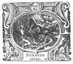 The prophet Habakkuk, carried by his hair by an angel, brings food to Daniel who sits unharmed between the lions; frame decorated with cherubs, festoons and a coat of arms with three hunting horns