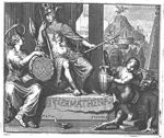 Allegorical scene; in the centre 'Hermathena' (blending the attributes and characteristics of Mercury and Minerva: winged helmet with sphinx, lance, caduceus, winged sandals, Aegis, oil-lamp); to the right of Hermathena: Prudence (seated woman with open book, Ouroboros as an aureole, a mirror and an ornamental monogram "S.P"; a satyr lying on the ground and Cupid standing on books and lifting the lid off a damaged vessel representing 'amorous lust'; background of colums and a curtain, a landscape with Pegasus, the sun and an obelisk