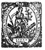 Personification of Peace as a woman with a torch held upside down and an olive-branch; she is resting on attributes, among which fasces, shield, and banner; decorated frame