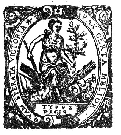 Personification of Peace as a woman with a torch held upside down and an olive-branch; she is resting on attributes, among which fasces, shield, and banner; decorated frame