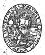 The anointment of Saul by Samuel(?): at dawn Samuel is holding a small vessel upside down above the head of Saul who is kneeling, his hands forward, facing the sun