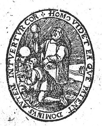 The anointment of Saul by Samuel(?): at dawn Samuel is holding a small vessel upside down above the head of Saul who is kneeling, his hands forward, facing the sun