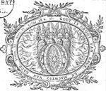 Tetramorph: human figure with wings and four different heads (human head, ox, eagle, lion); flaming wheels to its side; frame decorated with branches