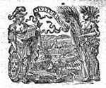 Minerva (Aegis, helmet) holding an open book, surrounded by various objects: books, globe, Jacob's staff and Ceres (cornucopia, corn in the hair, holding a sheaf of corn); in the background: harvest; banderole with inscription