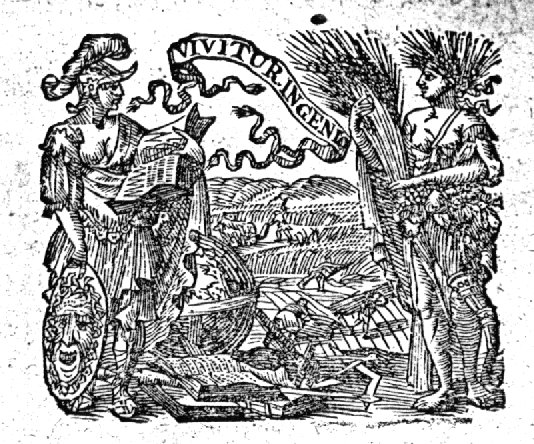 Minerva (Aegis, helmet) holding an open book, surrounded by various objects: books, globe, Jacob's staff and Ceres (cornucopia, corn in the hair, holding a sheaf of corn); in the background: harvest; banderole with inscription