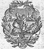 A man spading, in a landscape with one man sowing and one man ploughing; a village and a windmill in the background; olive-branches with an inscribed banderole as frame; monogram; banderole with inscription