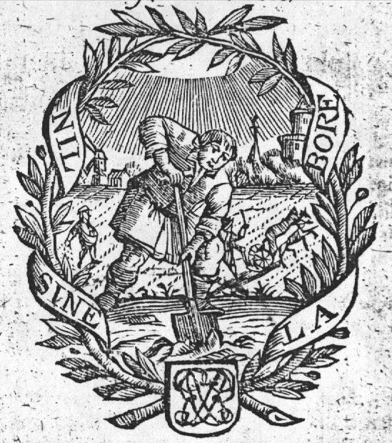 A man spading, in a landscape with one man sowing and one man ploughing; a village and a windmill in the background; olive-branches with an inscribed banderole as frame; monogram; banderole with inscription