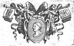 Medallion with portrait carried by winged women (Fame), blowing a trumpet with a flag, one with coat of arms of Amsterdam, one with a monogram