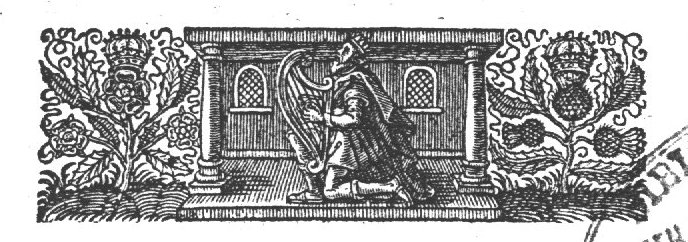 David as psalmist, playing harp, kneeling in front of an architectural setting with a crowned flower on both sides