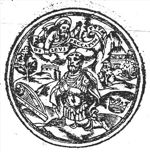 David kneeling with folded hands, harp and crown beside him on the ground; God the Father with an inscribed banderole above him; landscape with trees and buildings