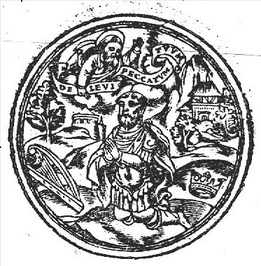 David kneeling with folded hands, harp and crown beside him on the ground; God the Father with an inscribed banderole above him; landscape with trees and buildings