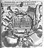A building against a mountainous background with cypresses; Fame on top of its cupola; a plane on a beam that rests on trestles; frame decorated with musical instruments and theatrical attributes; banderole with inscription
