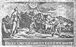 Mountainous landscape with a woman holding an anchor (Hope), looking upwards at a Jahweh-tetragram; one man ploughing, another man spading