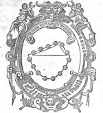Geometrical drawing with triangle and fourteen circles; frame decorated with two women holding palm-branches on the top and nautical and astronomical instruments at the bottom