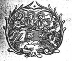 The four evangelists together, writing, the four symbols present; frame of branches