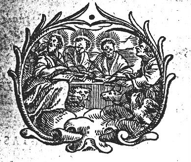 The four evangelists together, writing, the four symbols present; frame of branches