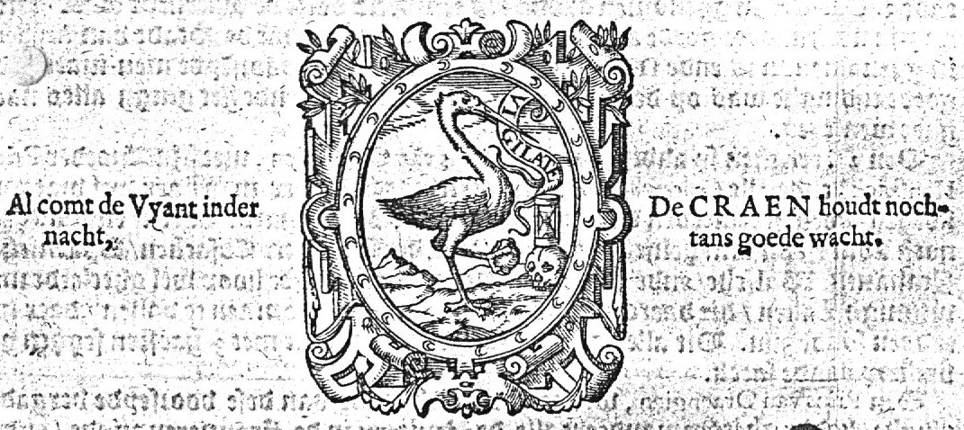 Crane, with a banderole in its beak, holding a stone in its claw; a skull with an hourglass on top; decorated frame