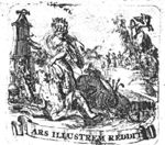 A woman wearing a crown (personifying Art?) in the background Apollo sitting on Parnassus which is struck by Pegasus; the Muses; banderole with inscription