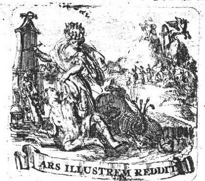 A woman wearing a crown (personifying Art?) in the background Apollo sitting on Parnassus which is struck by Pegasus; the Muses; banderole with inscription