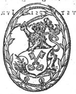 Coat of arms of Leiden, held by a lion, wearing a helmet and holding a sword; frame of (olive-?)branches tied around a rope