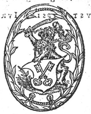 Coat of arms of Leiden, held by a lion, wearing a helmet and holding a sword; frame of (olive-?)branches tied around a rope