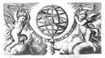 A hand holding an armillary sphere; two flying putti holding a banderole with inscription