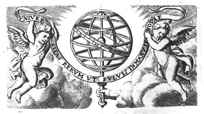 A hand holding an armillary sphere; two flying putti holding a banderole with inscription
