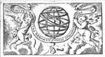A hand holding an armillary sphere; two flying putti holding a banderole with inscription