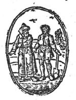 'The Kingdom of Heaven is like treasure hidden in a field': a man digging for a treasure, in the background, and speaking with the man from whom he wants to buy the field, in the foreground