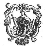 Justice: a woman with a sword and a pair of scales; decorated frame