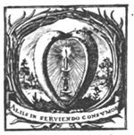 A burning candle in a heart-shaped frame; landscape with some trees; plam- branches with inscribed banderole as frame