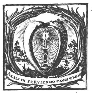 A burning candle in a heart-shaped frame; landscape with some trees; plam- branches with inscribed banderole as frame