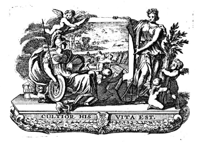 Minerva (helmet, lance, Aegis, owl), at her feet a putto with an open book, before a depiction of a harvest held up by a putto and Ceres (crown, sheaf of corn held by two putti)