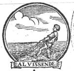 Fisherman (Dutch: 'visser') pulling a net; banderole with inscription