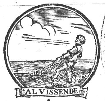 Fisherman (Dutch: 'visser') pulling a net; banderole with inscription