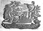 Minerva (helmet, lance, Aegis, owl), at her feet a putto with an open book, before a depiction of a harvest held up by a putto and Ceres (crown, sheaf of corn held by two putti)