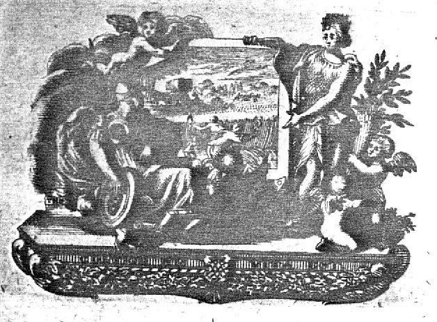 Minerva (helmet, lance, Aegis, owl), at her feet a putto with an open book, before a depiction of a harvest held up by a putto and Ceres (crown, sheaf of corn held by two putti)