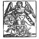 Angel holding coats of arms of Noord-Holland(?), Amsterdam; a third one resting at its feet