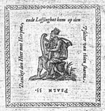 David as psalmist, seated on a tree-trunk, playing harp