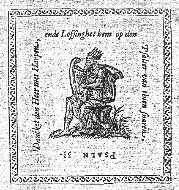 David as psalmist, seated on a tree-trunk, playing harp