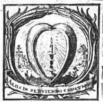 A burning candle in a heart-shaped frame; landscape with some trees; plam- branches with inscribed banderole as frame