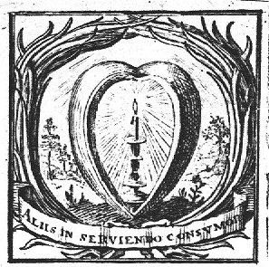 A burning candle in a heart-shaped frame; landscape with some trees; plam- branches with inscribed banderole as frame