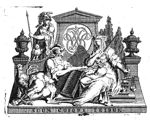 Mercury (petasus, cock, caduceus and winged sandals) and Justice (blindfold, sword and scales) seated in front of a pediment with vases and the monogram "W.B." in a medallion; Minerva (owl, helmet, lance) standing behind the pediment; cypresses behind it on the other side; books