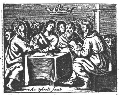 The four evangelists together, writing, the four symbols present; a crown hovering above the scene
