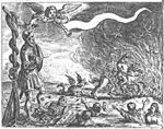 A soldier, standing in front of a Tau-cross with the brazen serpent, is crowned with a laurel wreath by a flying angel blowing a trumpet with a banner; a skeleton with an arrow below the soldier's feet; bodies rising from or sinking into their graves(?); a skeleton sitting behind a devil on horseback, rides into a fire, followed by a dragon; a city in the distance, broken arrows on the ground