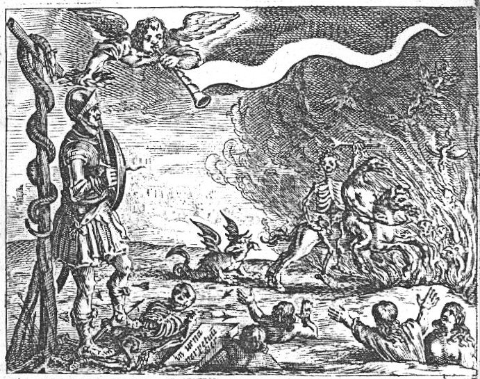 A soldier, standing in front of a Tau-cross with the brazen serpent, is crowned with a laurel wreath by a flying angel blowing a trumpet with a banner; a skeleton with an arrow below the soldier's feet; bodies rising from or sinking into their graves(?); a skeleton sitting behind a devil on horseback, rides into a fire, followed by a dragon; a city in the distance, broken arrows on the ground