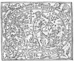 Illustration of "Ecclesiasticus 10": In a landscape creation (animals, tree, birds clouds, stars, a man kneeling down to drink with the animals) is gathered around a ruler with sword and sceptre; frame decorated with monstrous animals and hybrids